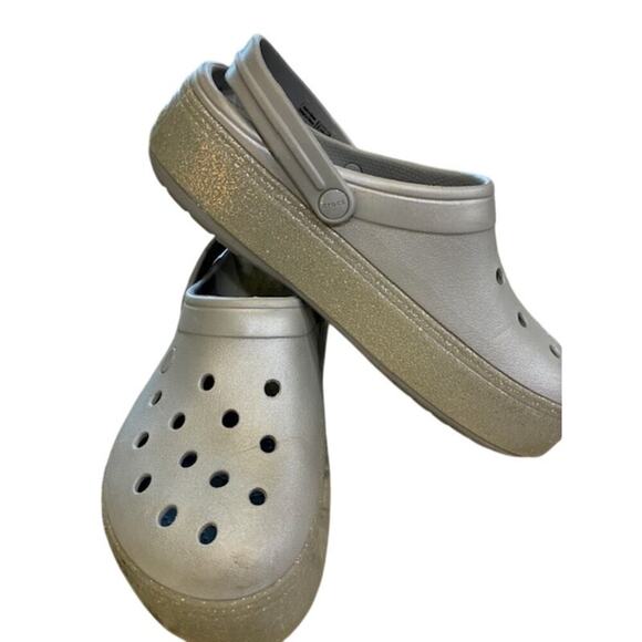 Crocs Classis Platform Comfort Clog Glitter Platform Silver Womens 11 Mens 9 - Picture 1 of 8